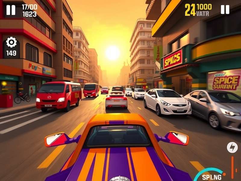 Spice Sprint Adventure gameplay showing curry-powered cars racing through Mumbai streets